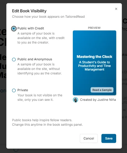 Book visibility dialog